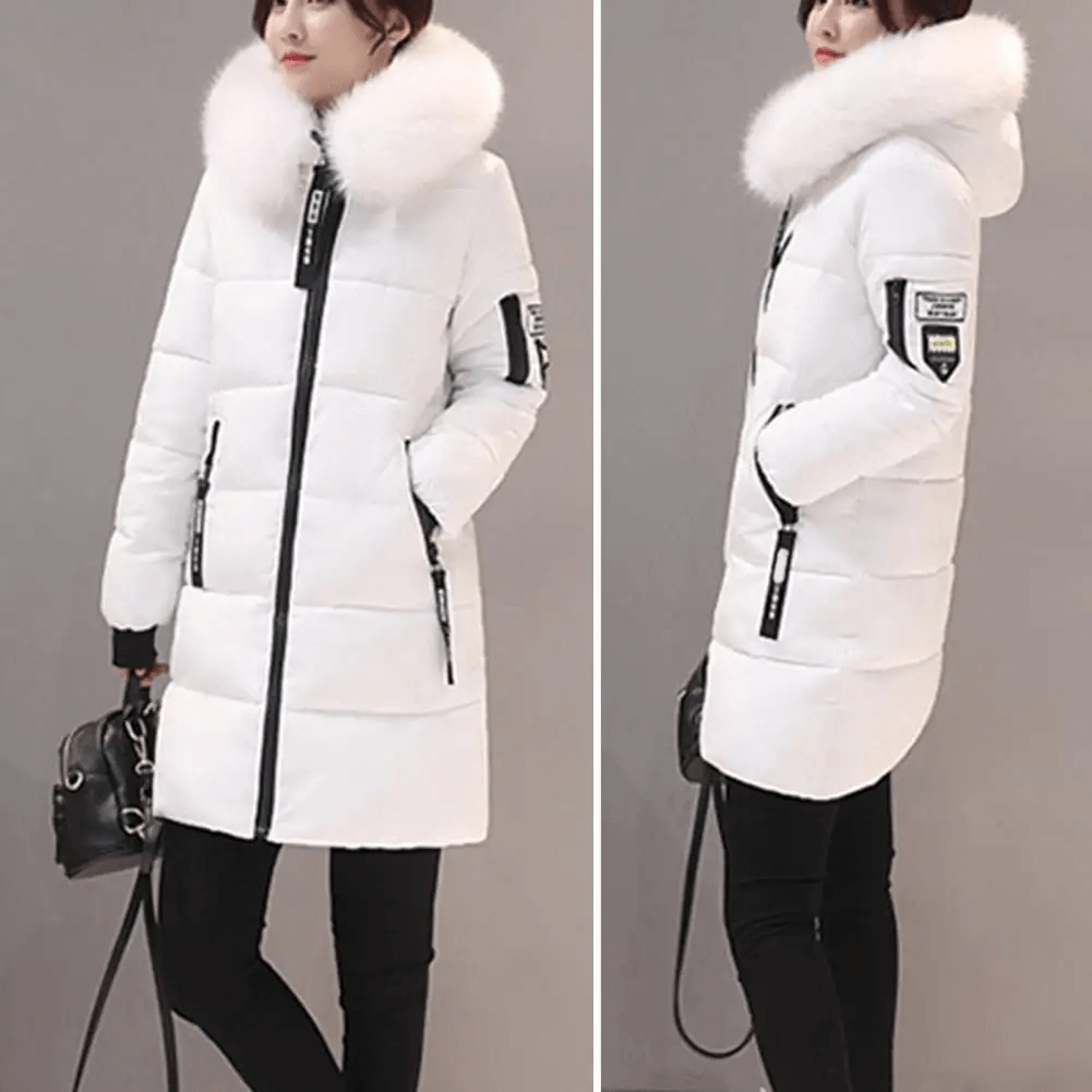 Side view of women's warm puffer coat. Mid-length windproof winter jacket, essential for cold weather fashion.