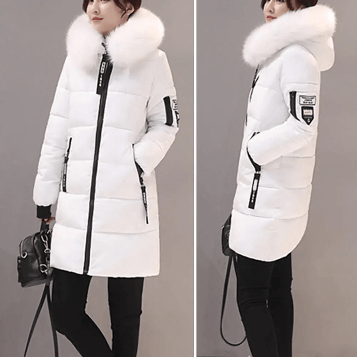 Side view of women's warm puffer coat. Mid-length windproof winter jacket, essential for cold weather fashion.
