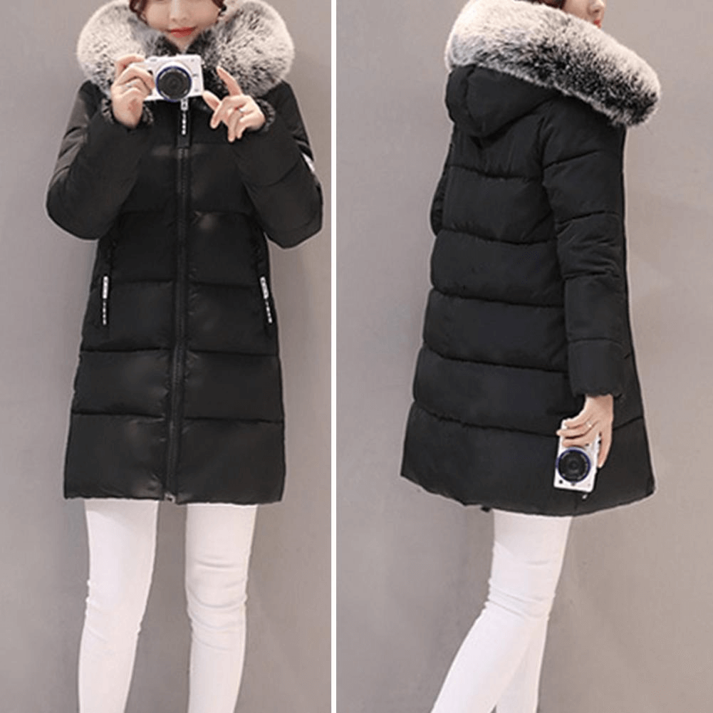 Women's fashionable windproof puffer coat. Hooded mid-length winter jacket, perfect for enduring cold weather.