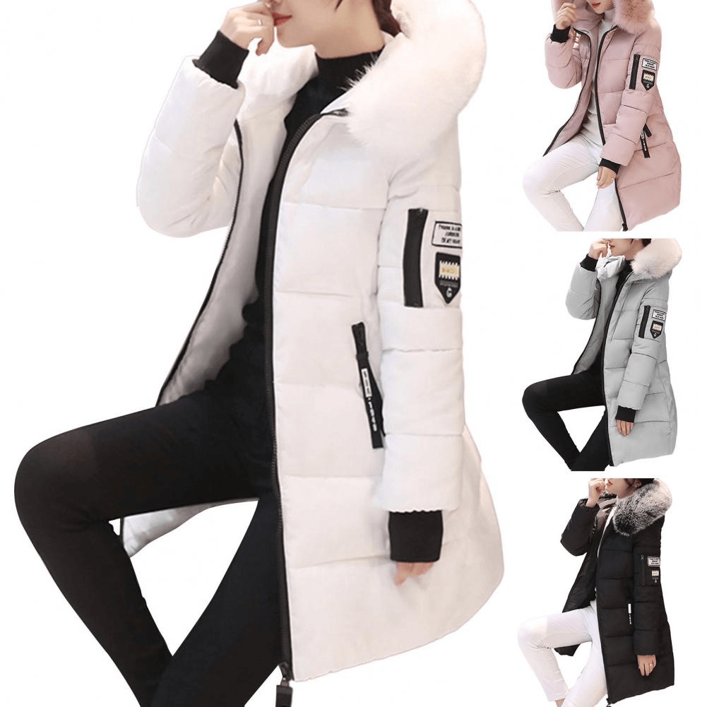 Cozy women's puffer coat, windproof and warm. Stylish hooded winter jacket, ideal for snowy and cold conditions.
