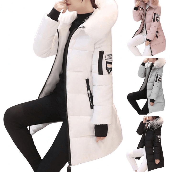 Cozy women's puffer coat, windproof and warm. Stylish hooded winter jacket, ideal for snowy and cold conditions.