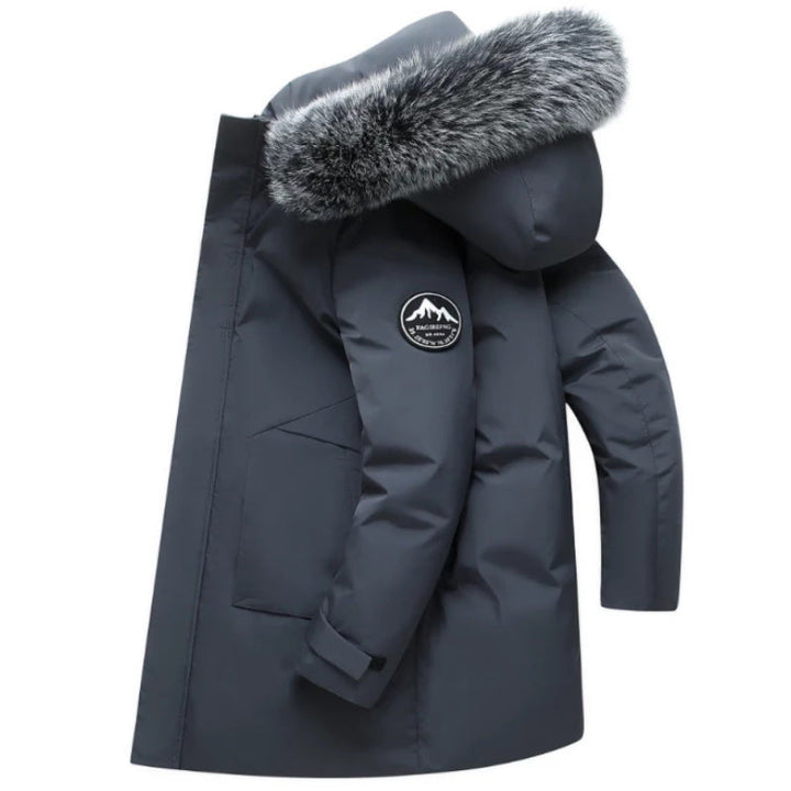 Warm women's parka, ideal for cold weather; includes a practical removable hood and soft faux fur collar.