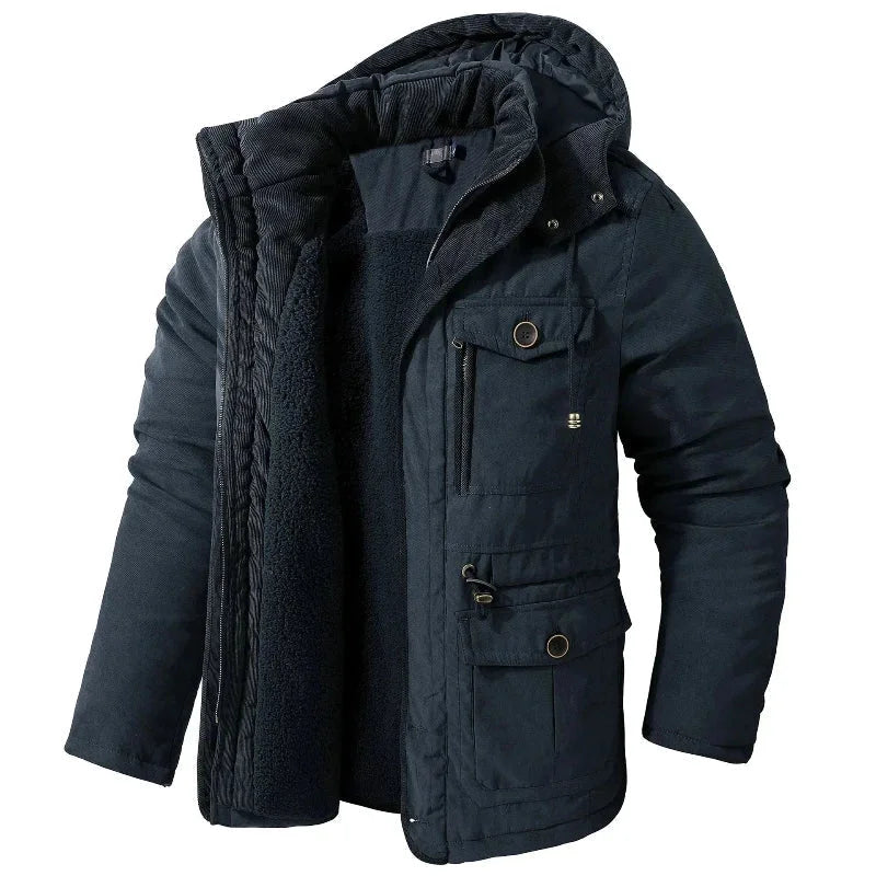 Waterproof women's winter field jacket with a detachable hood. Durable and breathable outerwear for cold weather.
