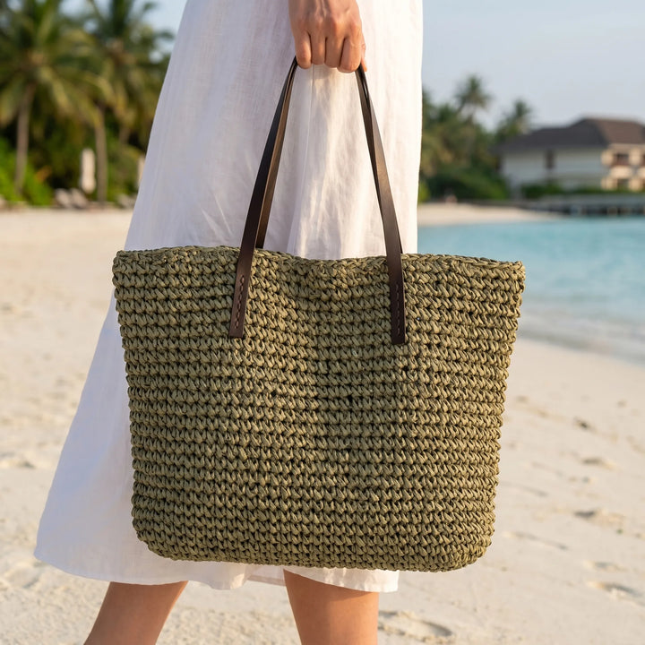 Women's woven beach tote bag, boho summer style. Perfect large shoulder bag for vacations.