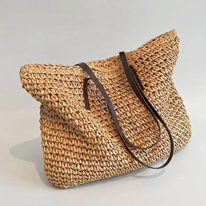 Boho summer shoulder bag, large woven tote for women's beach trips & vacation essentials.