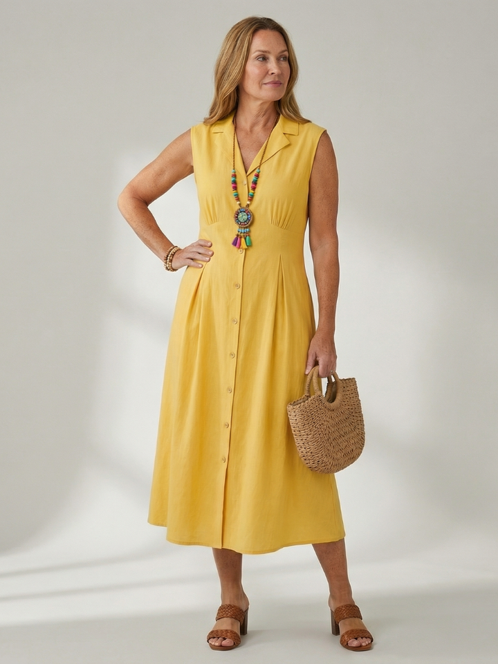 Women's yellow stack button midi dress, sleeveless, comfortable for summer casual wear.