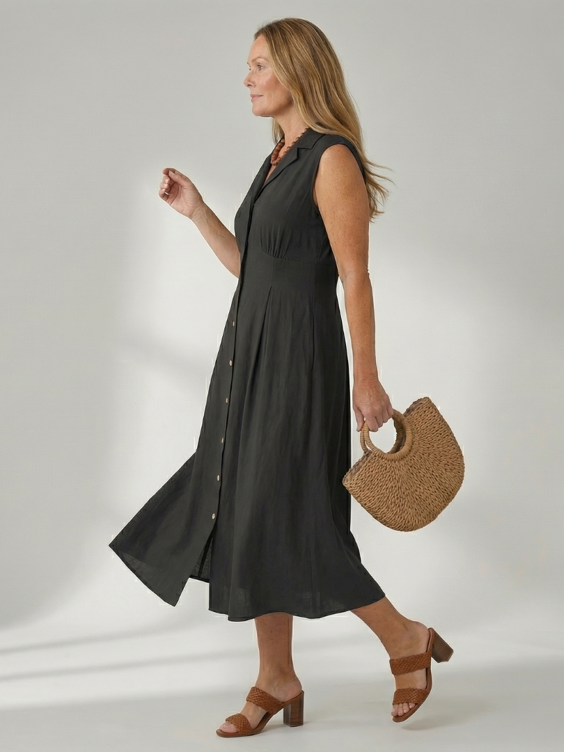 White casual midi dress, stack button front, comfortable for everyday women's fashion.