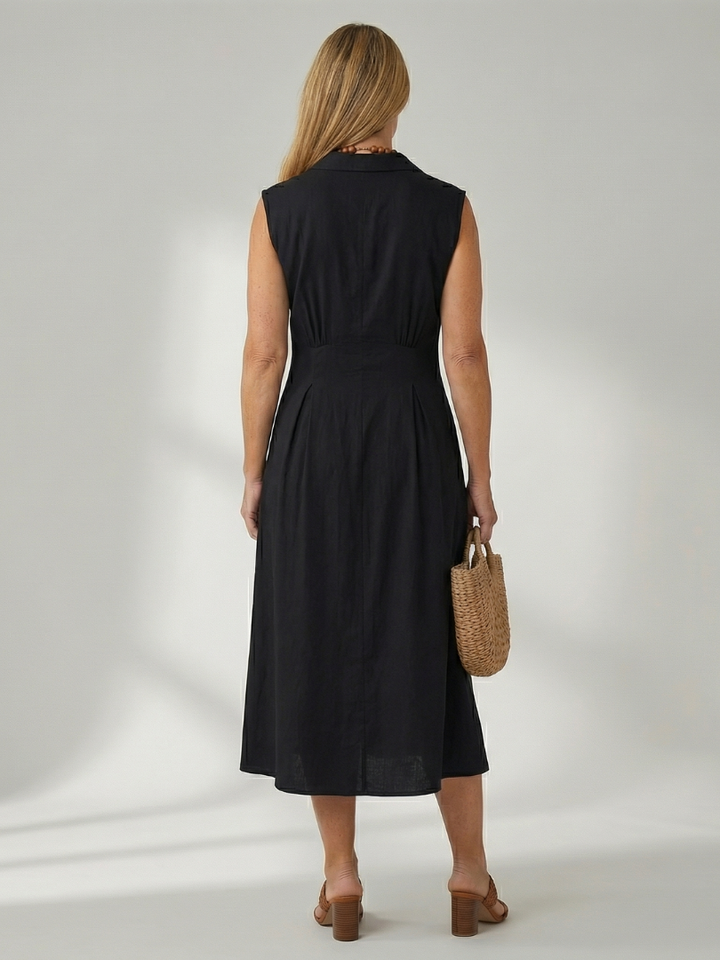 Chic black sleeveless midi dress, stack button design, versatile for women's style.