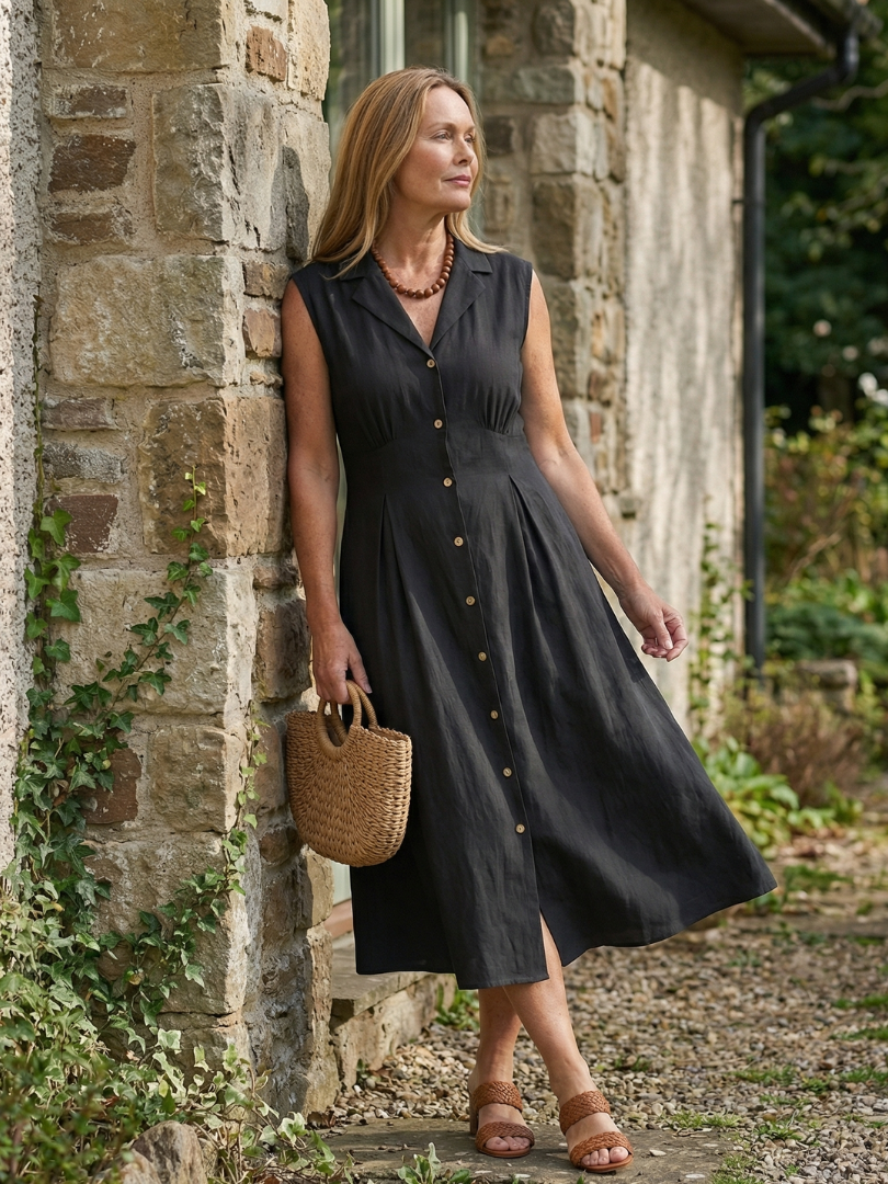Blue button-front midi dress, comfortable & flattering, great for summer casual wear.