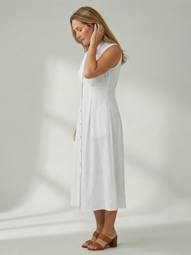 Yellow casual midi dress, button front, comfortable for women's summer fashion.
