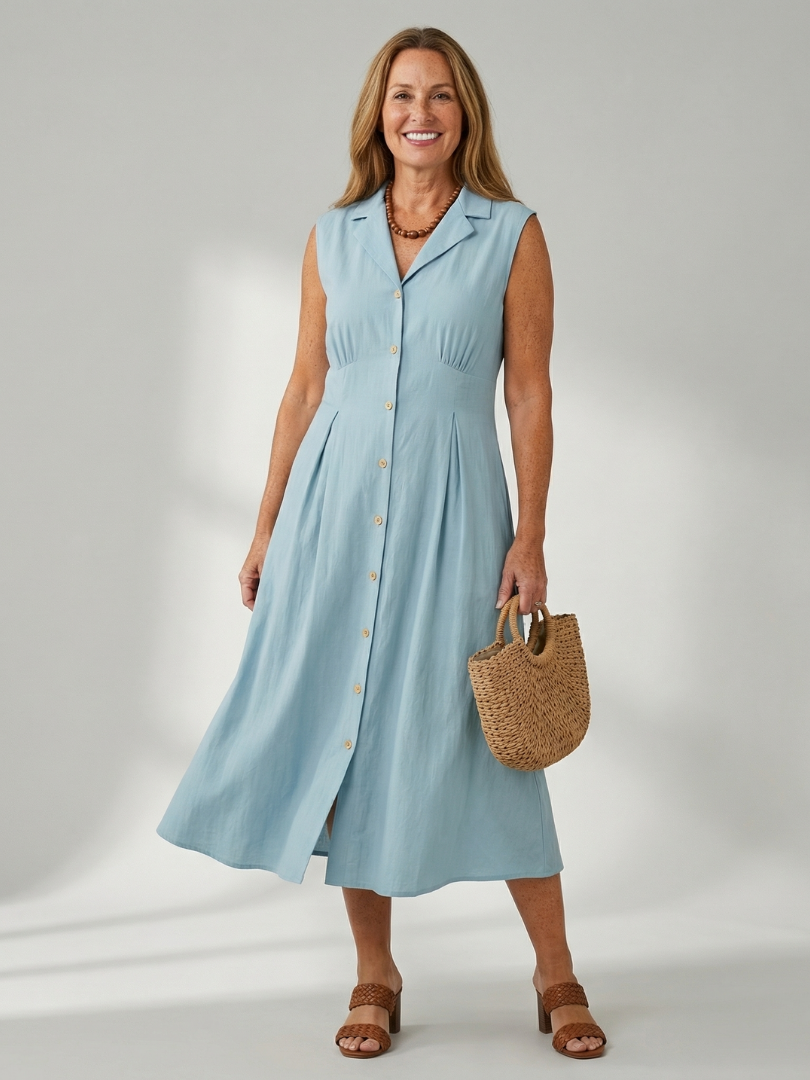 Versatile black midi dress, stack buttons, designed for women's everyday comfortable wear.