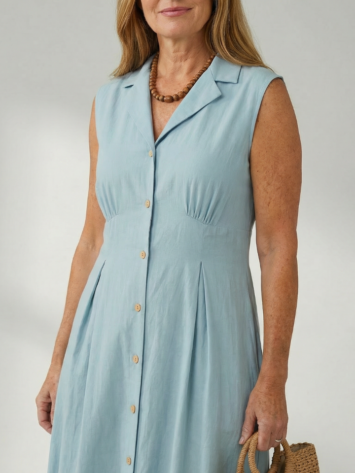 White stack button midi dress for women, comfortable & casual, great everyday style.