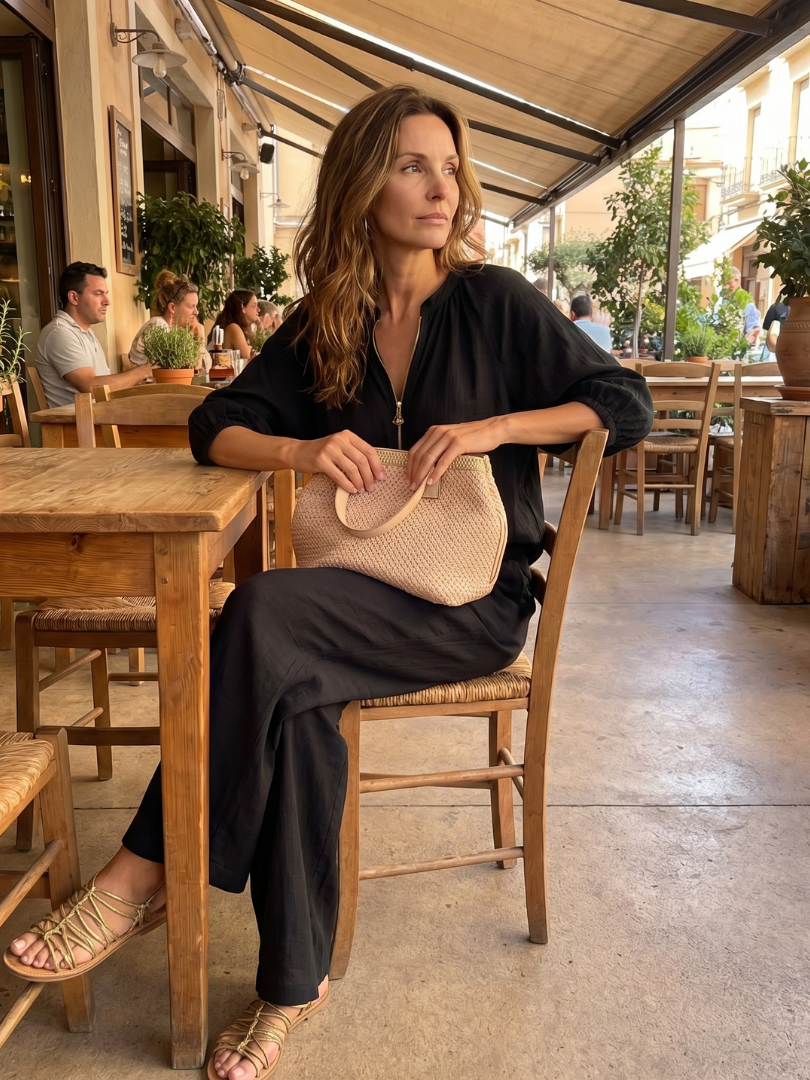 Women's elegant blouson top & wide leg pant set with zip front, comfortable versatile casual wear.