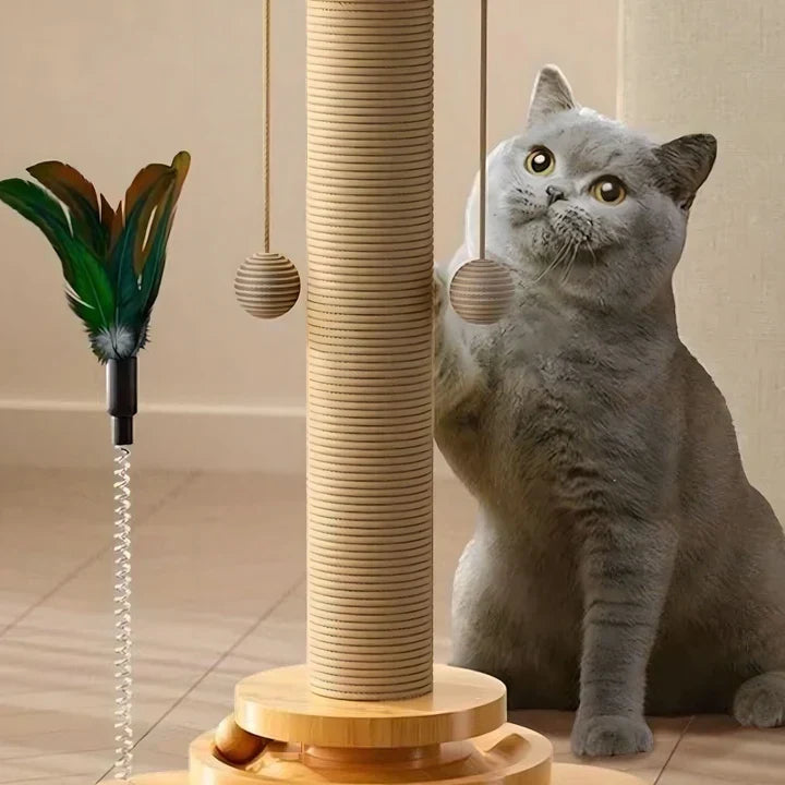 Wooden cat scratching post with interactive feather toy for pet play & furniture protection.