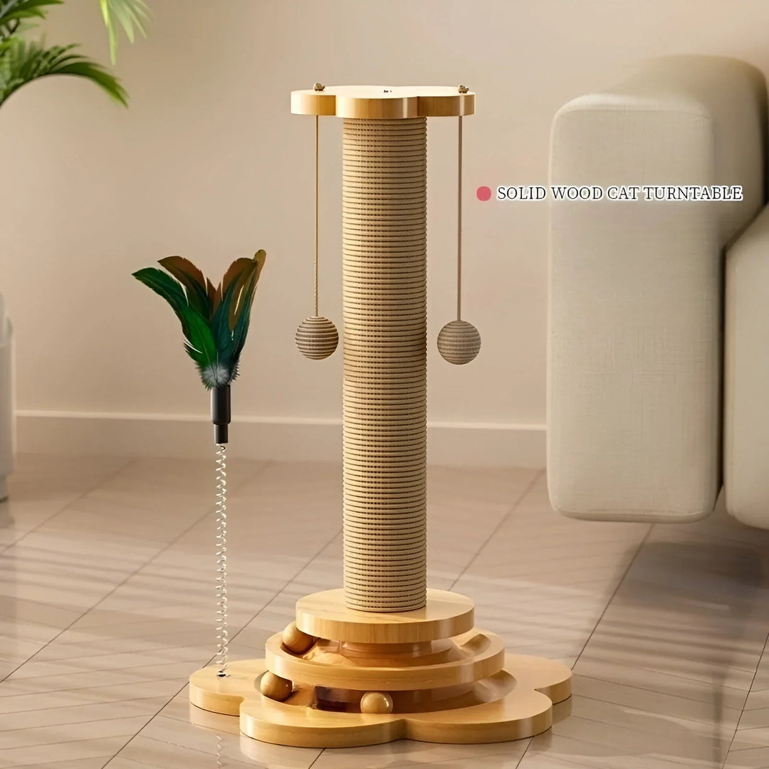 Interactive wooden cat toy & scratching post, designed for enrichment and cat entertainment.