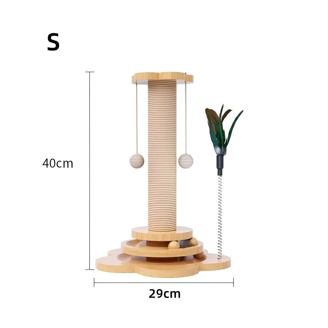 Durable wooden scratching post and cat play toy with feather, protecting furniture from damage.
