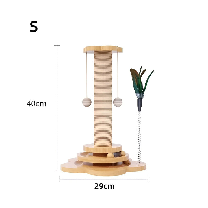 Durable wooden scratching post and cat play toy with feather, protecting furniture from damage.