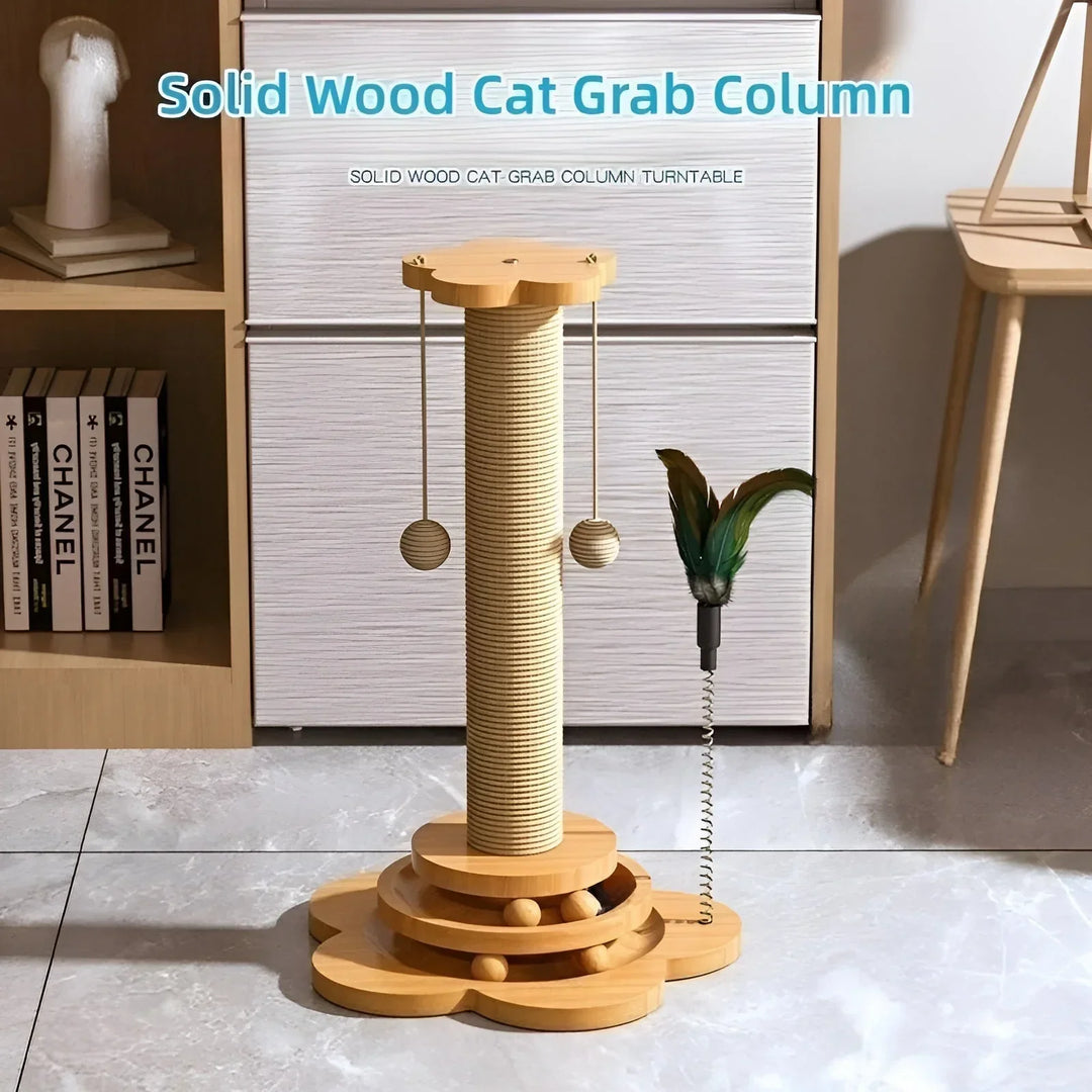 Engaging wooden cat toy & scratching post, ideal for active cat play and protecting furniture.