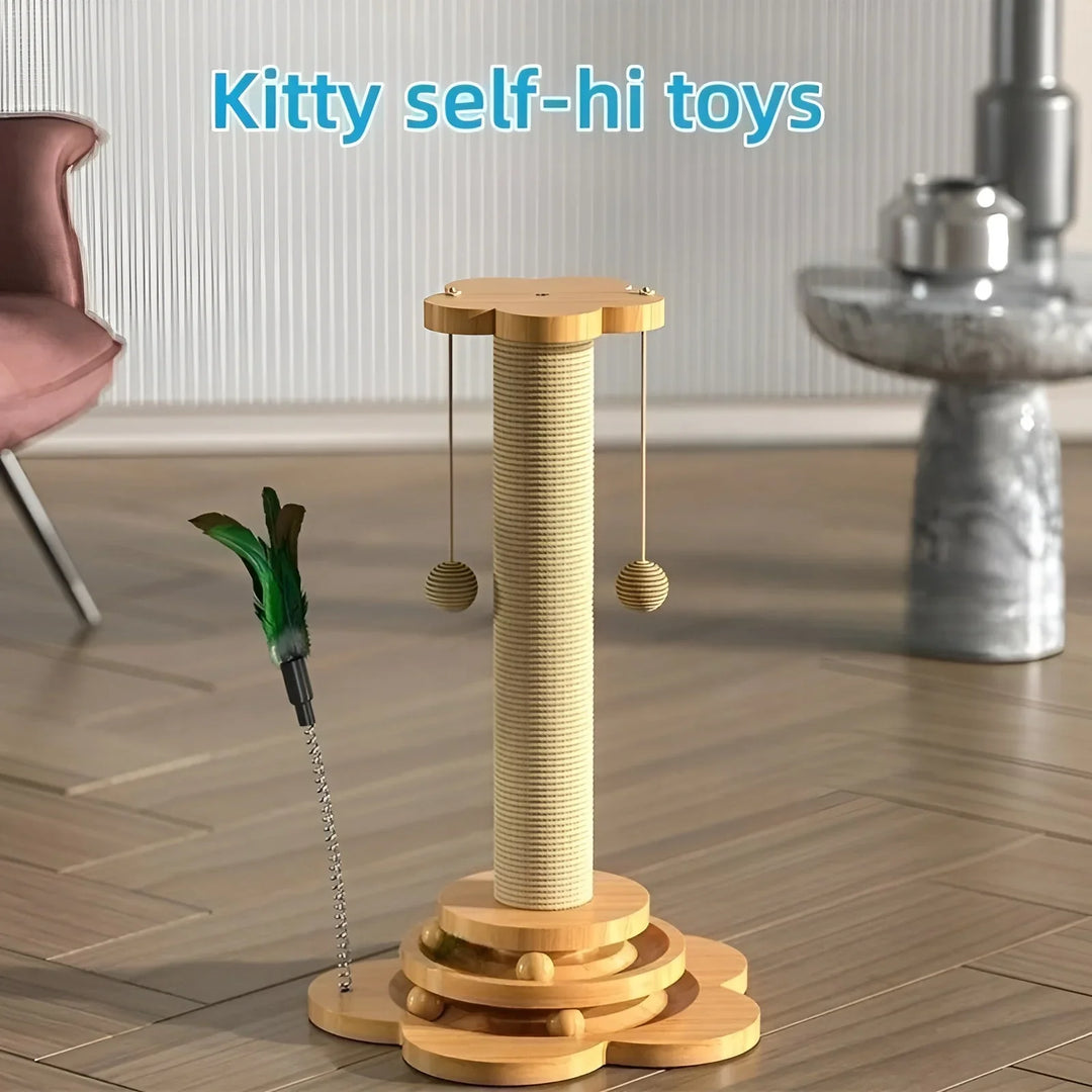 Premium wooden cat scratching post with interactive feather element for endless pet entertainment.