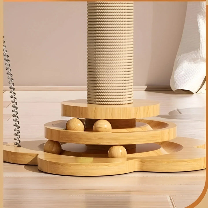 Stylish wooden scratching post, doubles as an interactive cat toy for pet play & enrichment.