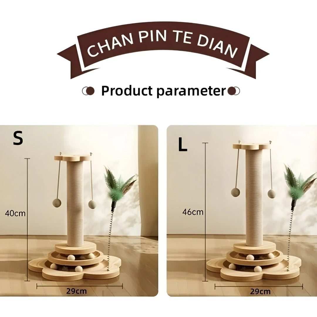 Robust wooden cat scratching post and interactive feather toy to protect furniture & entertain.