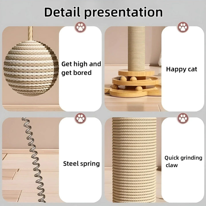 Compact wooden cat scratching post with interactive play feature for happy, enriched cats.
