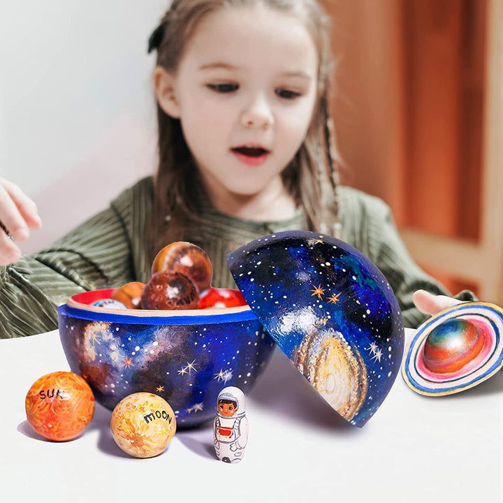 Close-up of educational wooden solar system toy planets, highlighting detailed craftsmanship