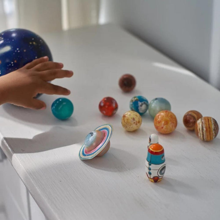 Complete Galaxy Quest wooden planet set, showcasing all planets for space education