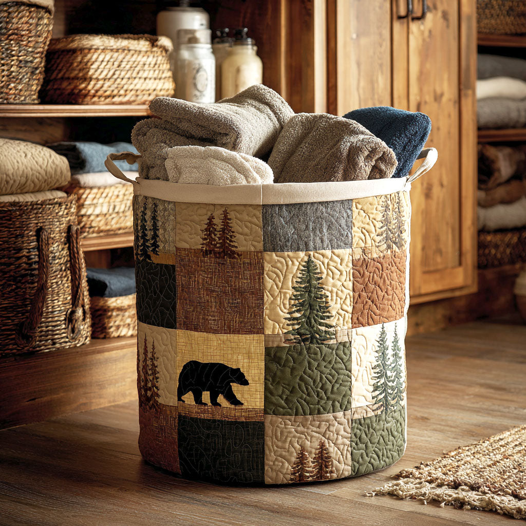 Woodland Patch Quilted Laundry Basket, a large capacity, foldable cotton blend storage solution for home organization & decor.