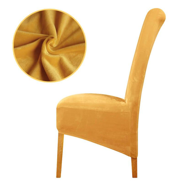 Modern XL velvet stretch slipcover, protects and beautifies dining room chairs elegantly.
