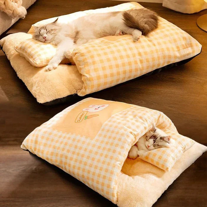 Yellow plush cat sleeping bag bed for ultimate cozy comfort & security.