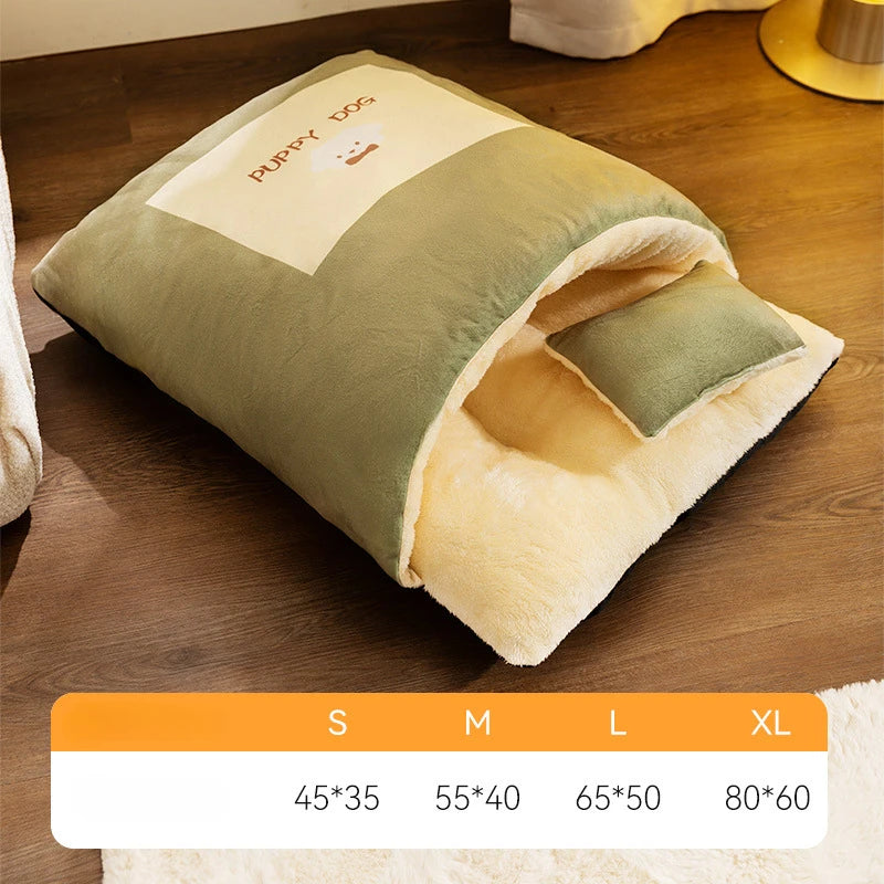 Cozy plush cat sleeping bag bed, offering secure comfort for pets.