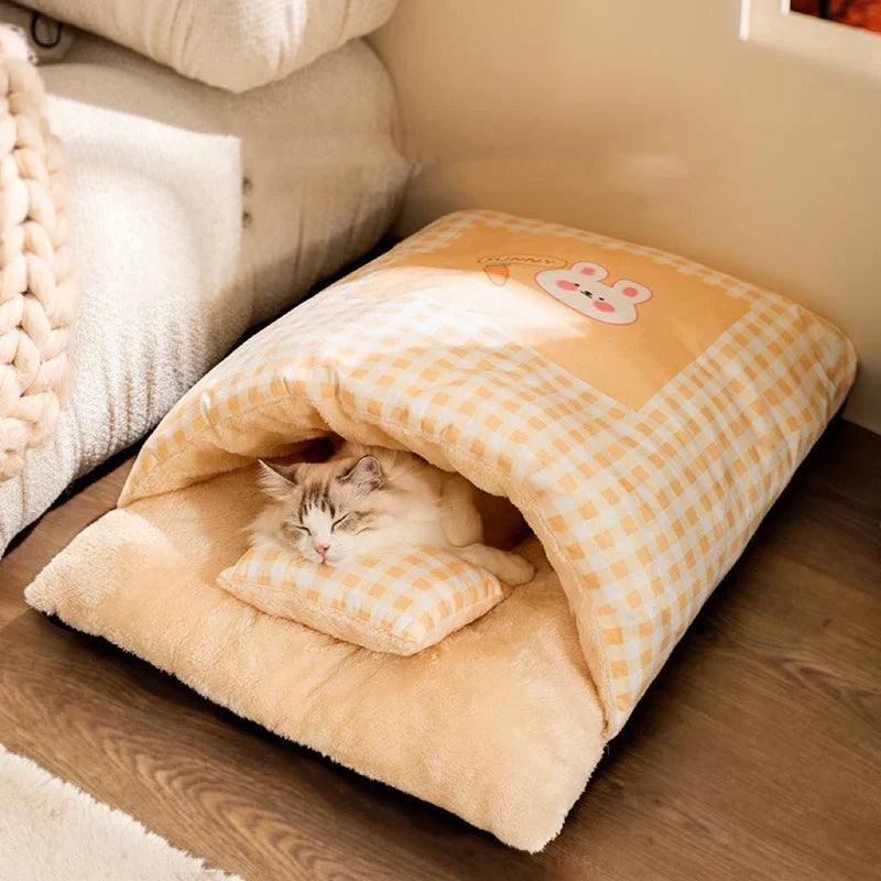 Yellow pet bed: plush sleeping bag design for ultimate cat comfort & security.