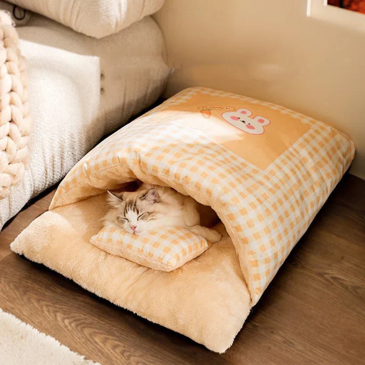 Yellow pet bed: plush sleeping bag design for ultimate cat comfort & security.