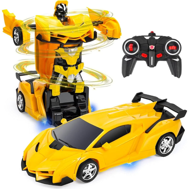 Yellow transforming RC muscle car shifts into a robot action figure, remote control toy for boys.