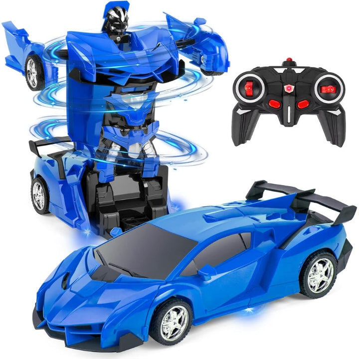 Close-up of a yellow transforming RC car in robot mode, showcasing intricate details for boys.