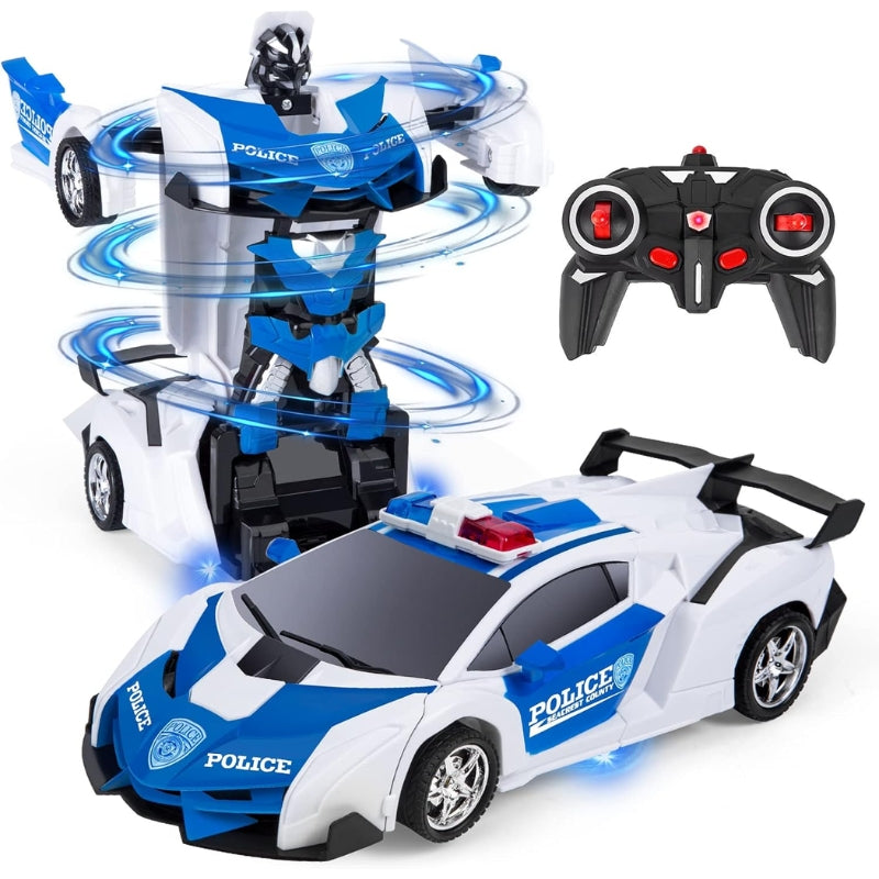 Boy playing with a transforming RC car that shifts between a muscle car and a robot.