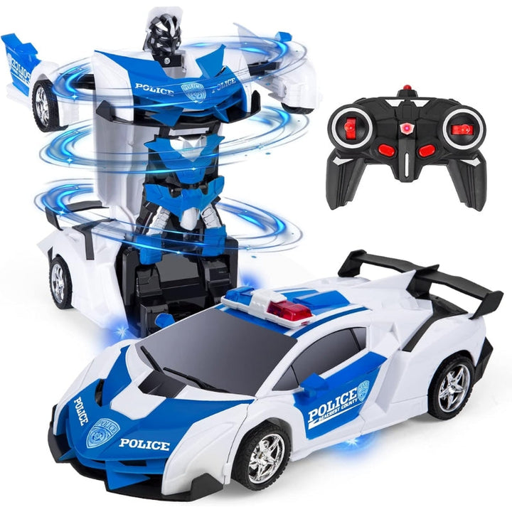Boy playing with a transforming RC car that shifts between a muscle car and a robot.