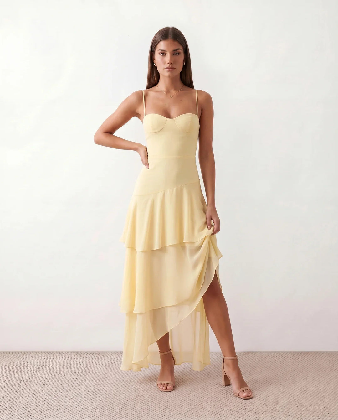 Yellow women's Elsie maxi dress with spaghetti straps & sweetheart neckline, perfect for summer vacation.