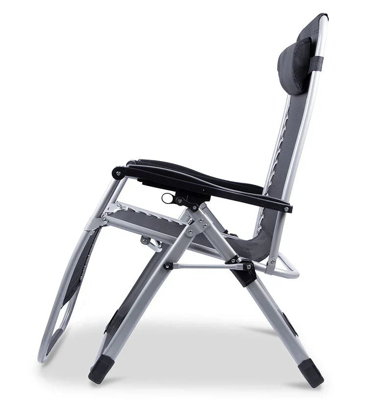 Portable zero gravity lounge chair featuring an adjustable headrest for garden comfort.