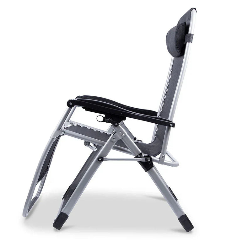 Portable zero gravity lounge chair featuring an adjustable headrest for garden comfort.