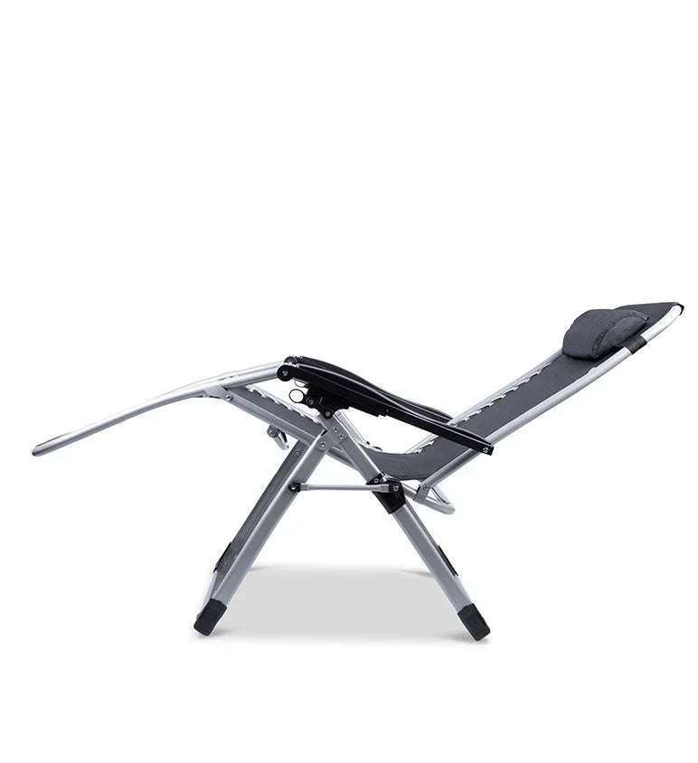 Grey zero gravity recliner chair, ideal for backyard, deck, or poolside relaxation.