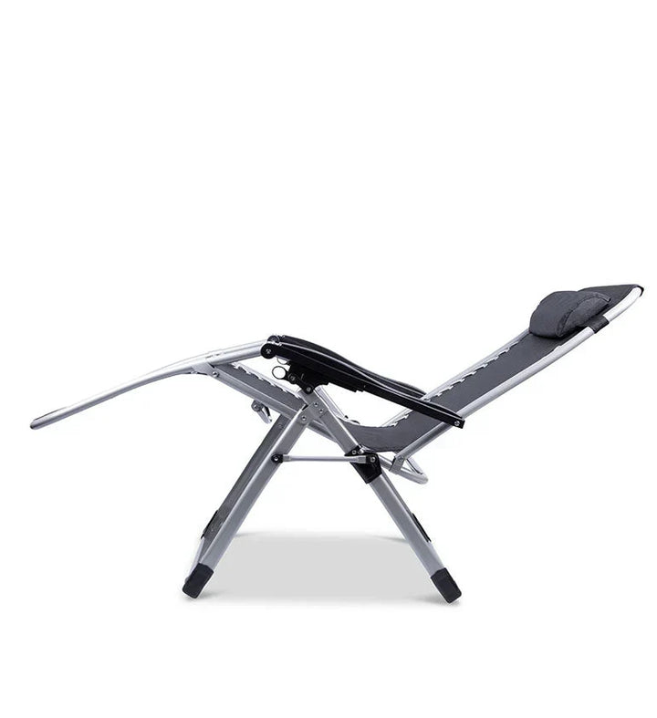 Grey zero gravity recliner chair, ideal for backyard, deck, or poolside relaxation.