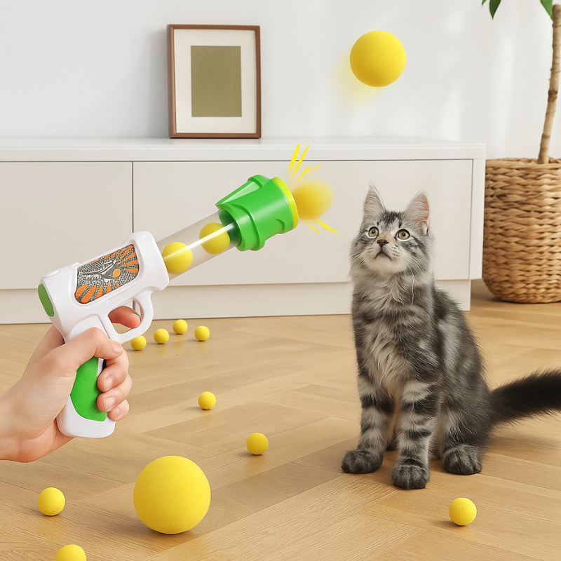 ZoomShot interactive pet ball launcher with 12 soft balls, orange and green, for cats and small pets.