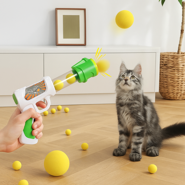 ZoomShot interactive pet ball launcher with 12 soft balls, orange and green, for cats and small pets.