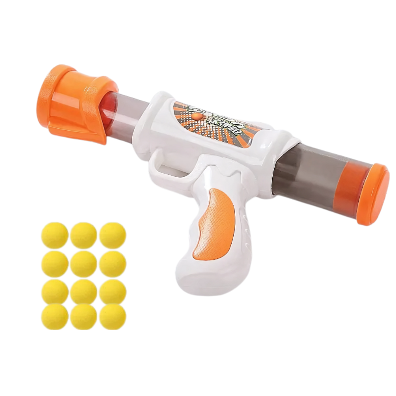 Close-up of ZoomShot pet toy ball launcher, showing its interactive features and included soft balls.