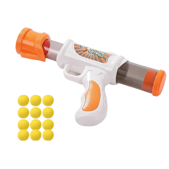 Close-up of ZoomShot pet toy ball launcher, showing its interactive features and included soft balls.